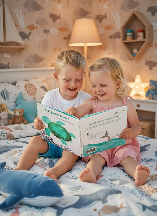Kinderen lezen samen een boek in bed met onderzeedieren thema
